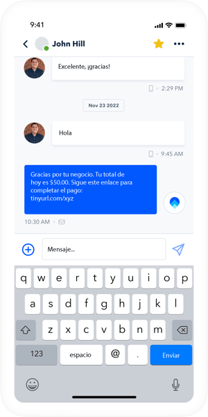 Ejemplo de un mensaje entre un cliente y un pequeño negocio donde amplian esfuerzos de mercadeo para conseguir clientes.